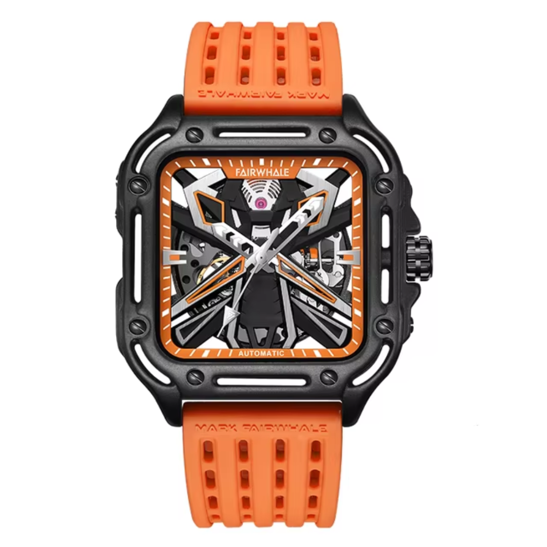 Fairwhale EF033 – Quadratische Automatikuhr mit orangefarbenem Silikonarmband