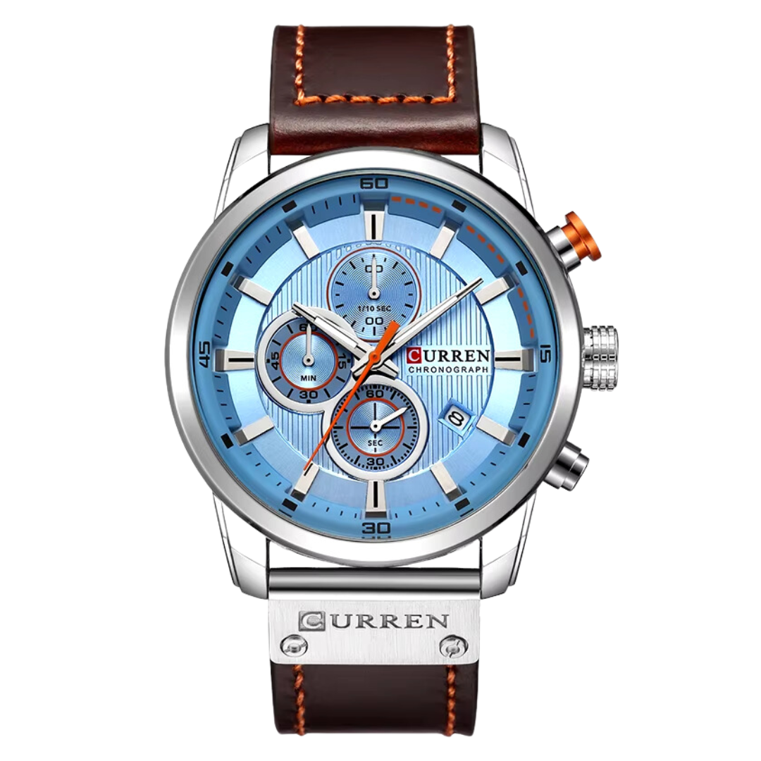 Curren ER002 – Chronographenuhr Silber mit cognacfarbenem Lederarmband