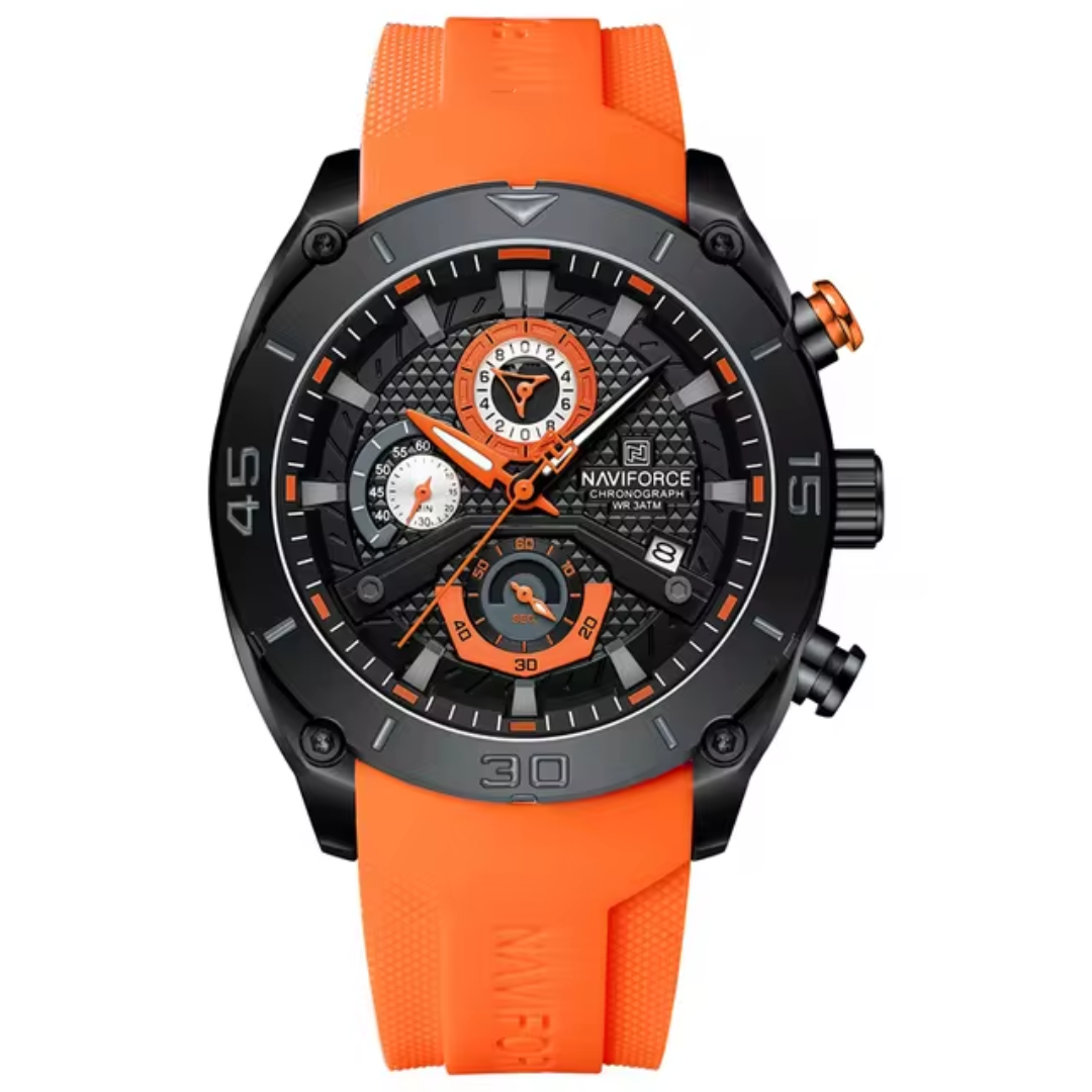 Naviforce EV006 – Stilvolle Herren-Chronographenuhr mit orangefarbenem Silikonarmband