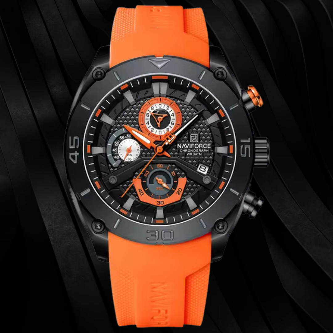 Naviforce EV006 – Stilvolle Herren-Chronographenuhr mit orangefarbenem Silikonarmband