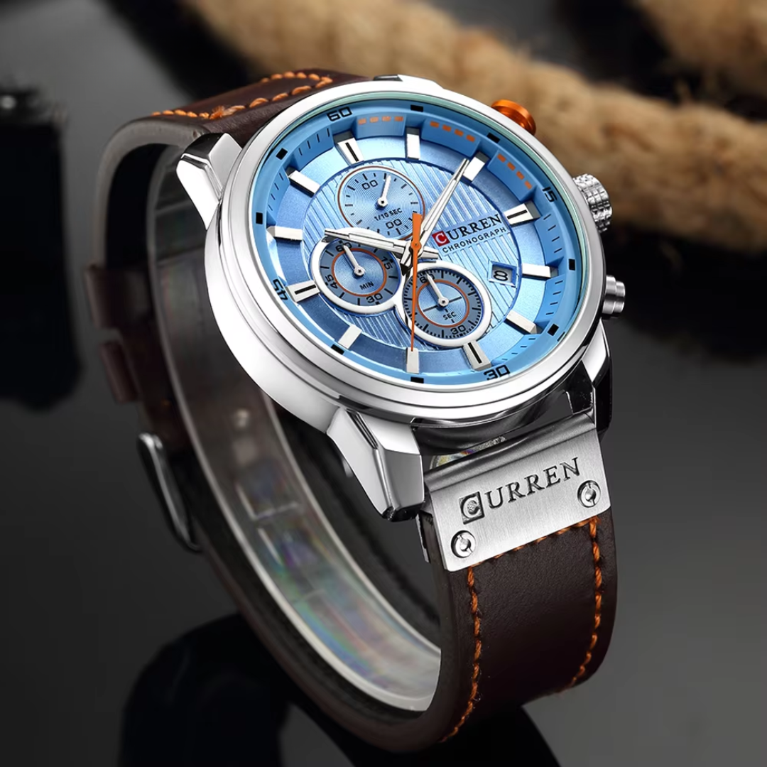 Curren ER002 – Chronographenuhr Silber mit cognacfarbenem Lederarmband