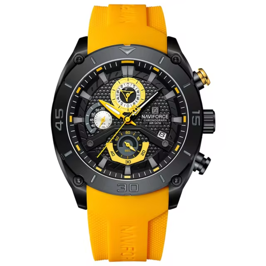 Naviforce EV007 – Stilvolle Herren-Chronographenuhr mit gelbem Silikonarmband