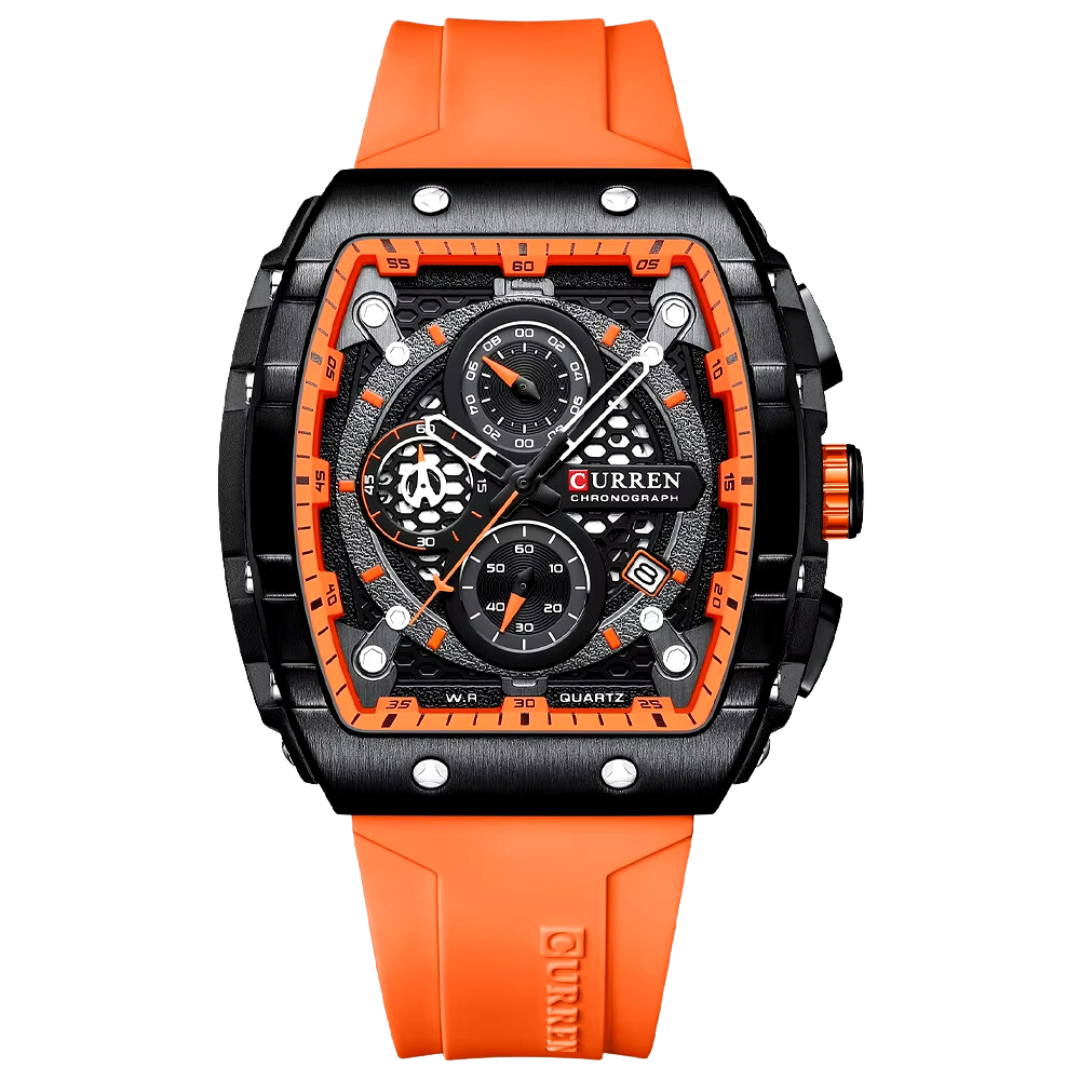 Curren ER008 – Chronographenuhr Schwarz mit orangefarbenem Silikonarmband