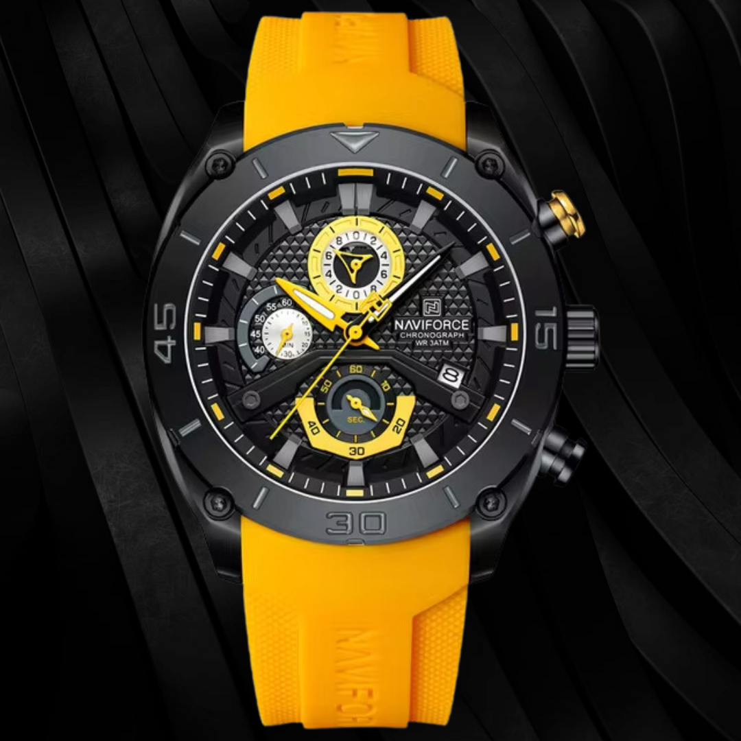 Naviforce EV007 – Stilvolle Herren-Chronographenuhr mit gelbem Silikonarmband