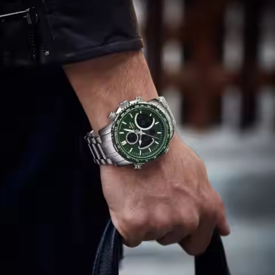 Naviforce EV029 – Grüne Herrenuhr mit Tachymeter und Digitalfunktion