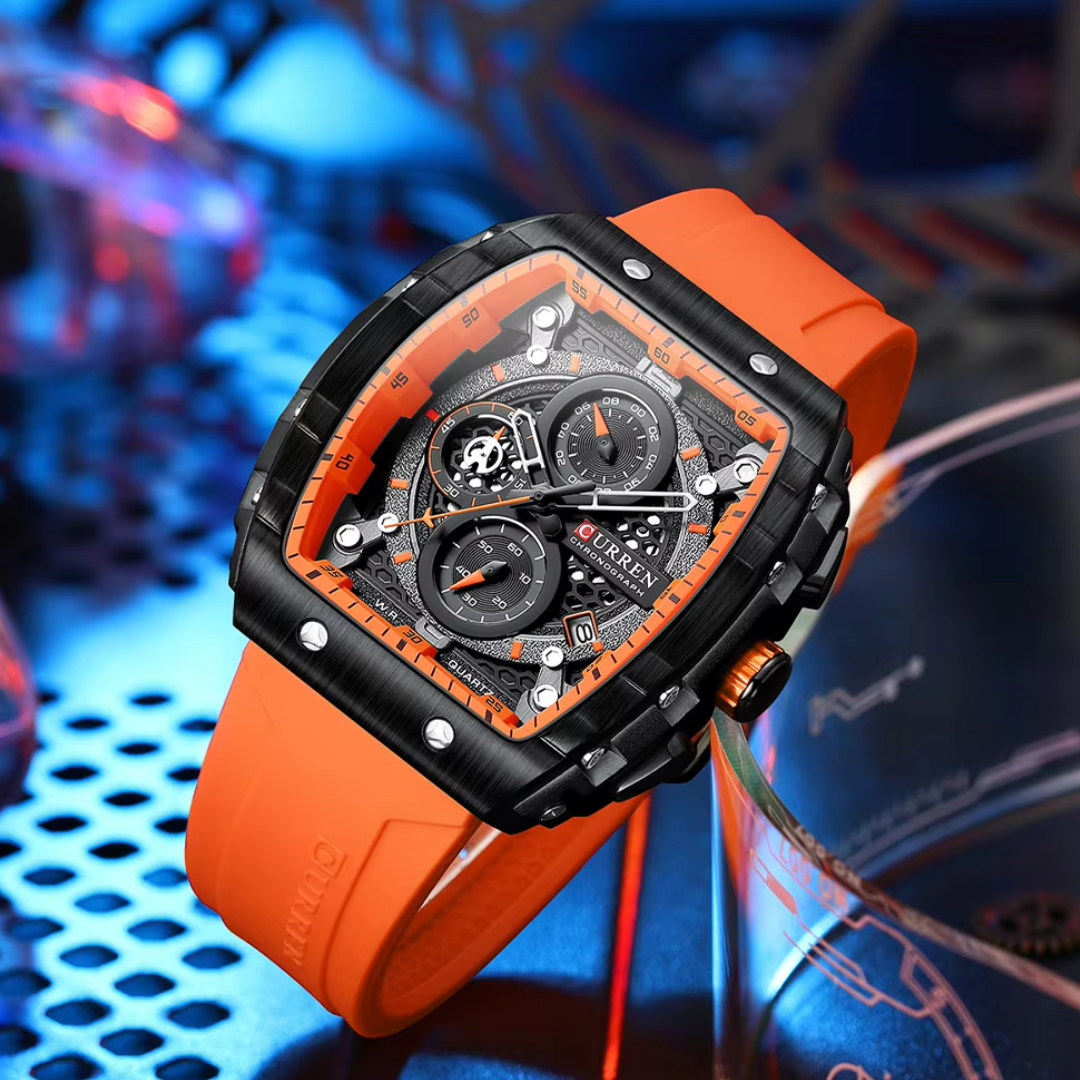 Curren ER008 – Chronographenuhr Schwarz mit orangefarbenem Silikonarmband