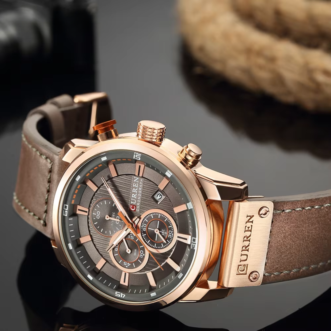 Curren ER004 – Chronographenuhr aus Roségold mit braunem Lederarmband