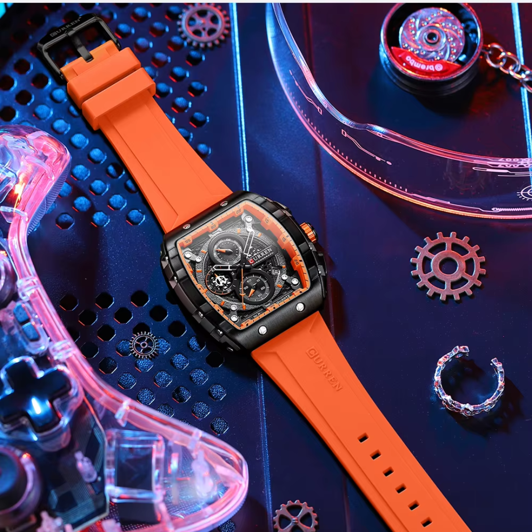 Curren ER008 – Chronographenuhr Schwarz mit orangefarbenem Silikonarmband