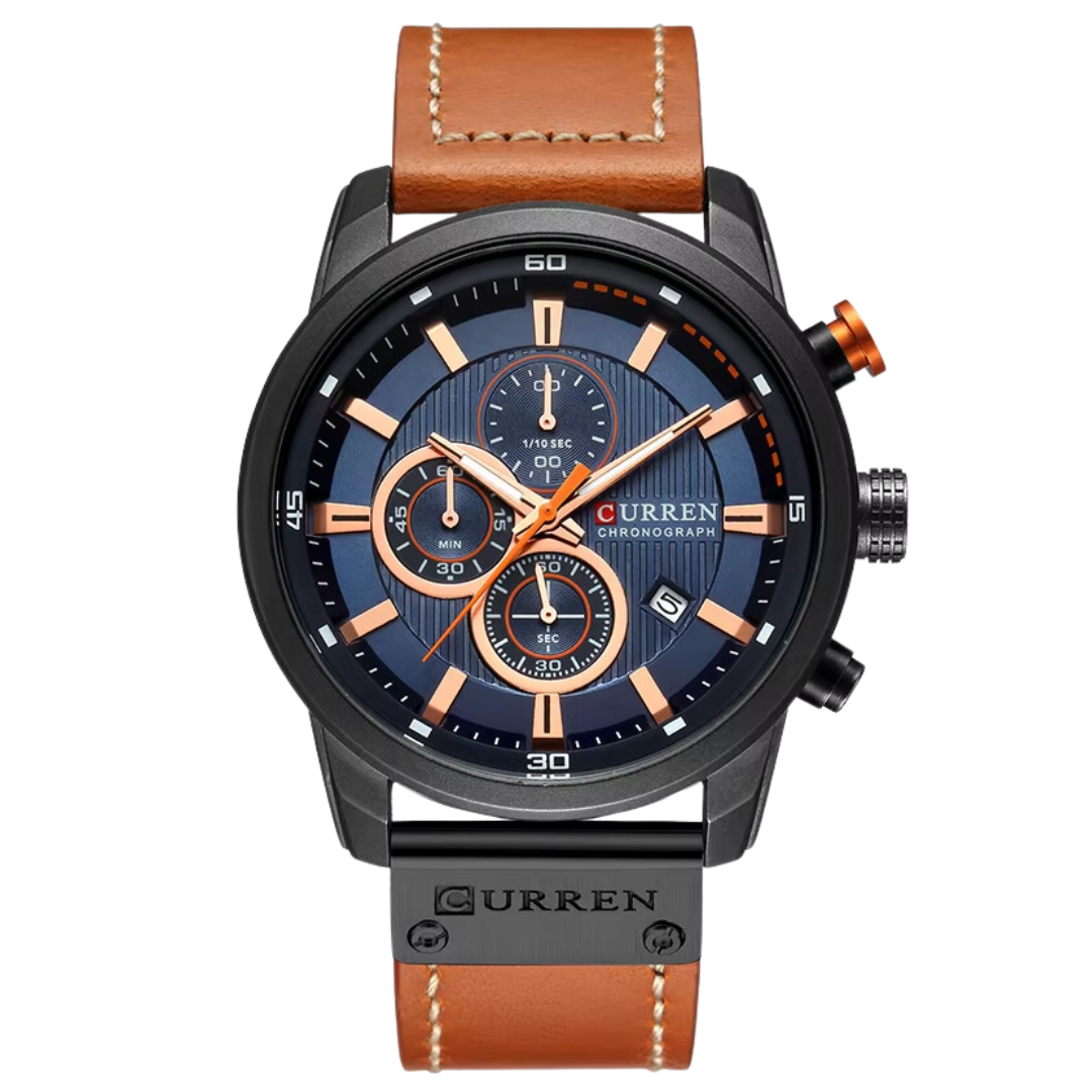 Curren ER003 – Herrenuhr Chronograph Silber mit braunem Lederarmband und blauem Zifferblatt