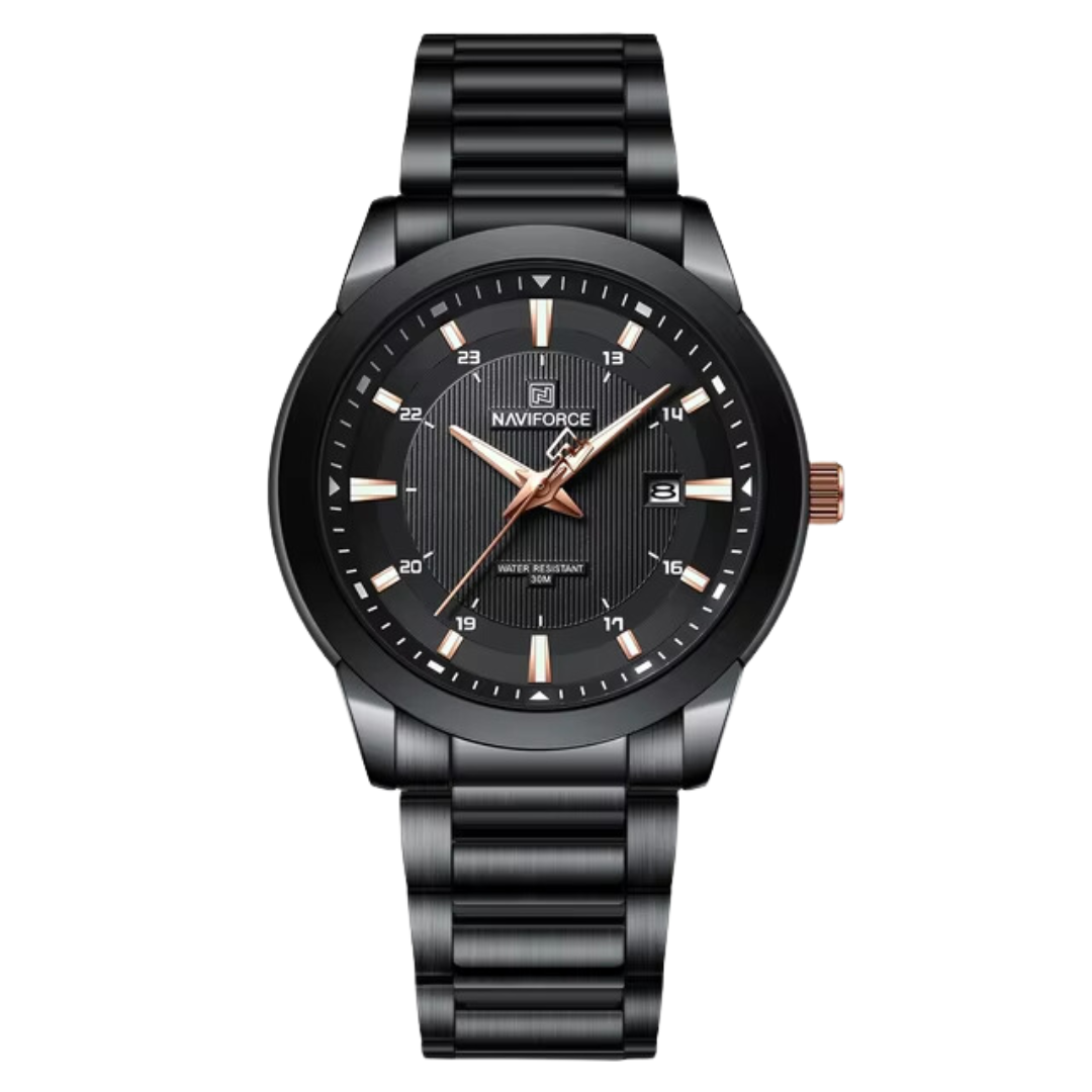 Naviforce EV018 – Elegante schwarze Herrenuhr mit schwarzem Metallarmband