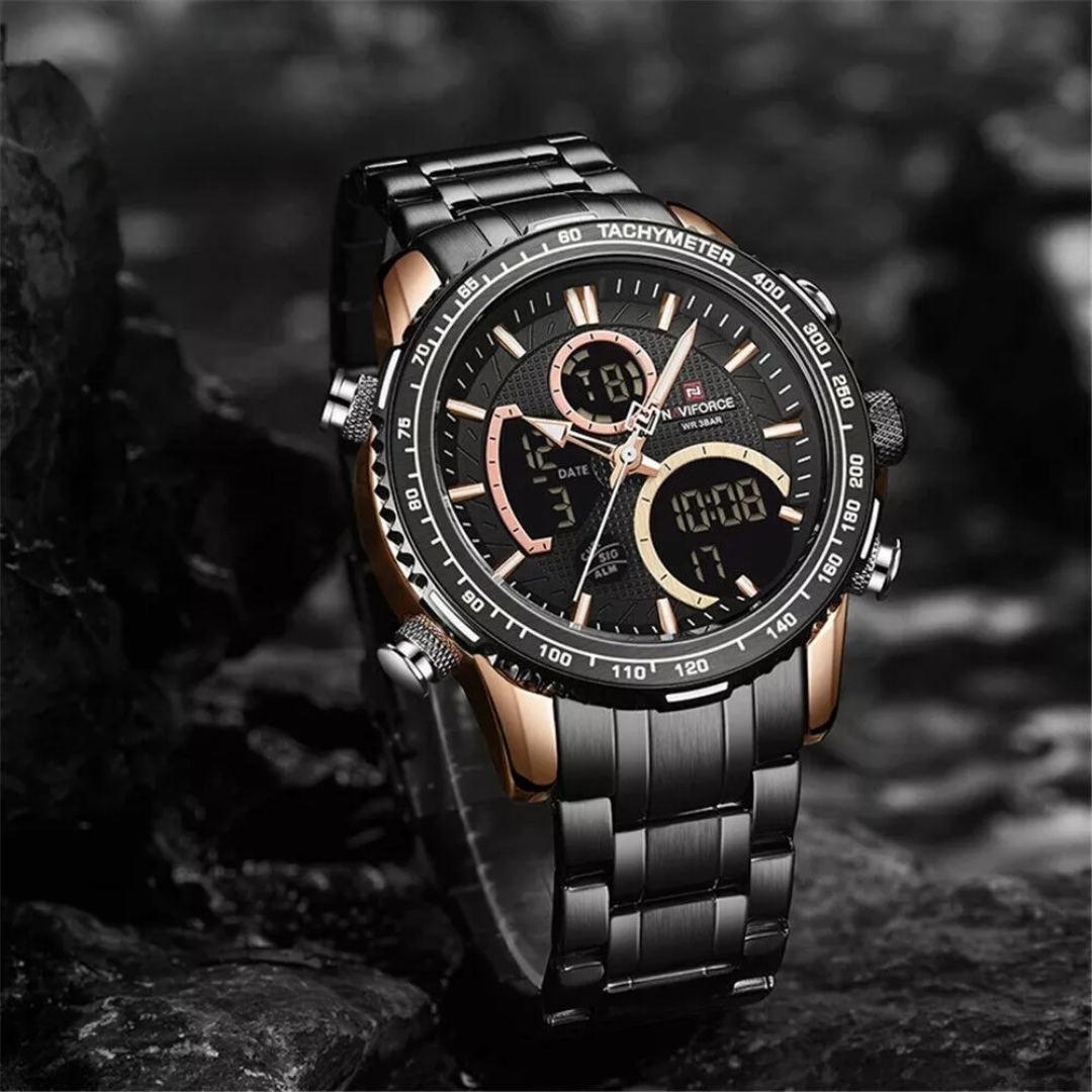 Naviforce EV025 – Schwarze Herrenuhr mit roségoldenen Details und Tachymeter