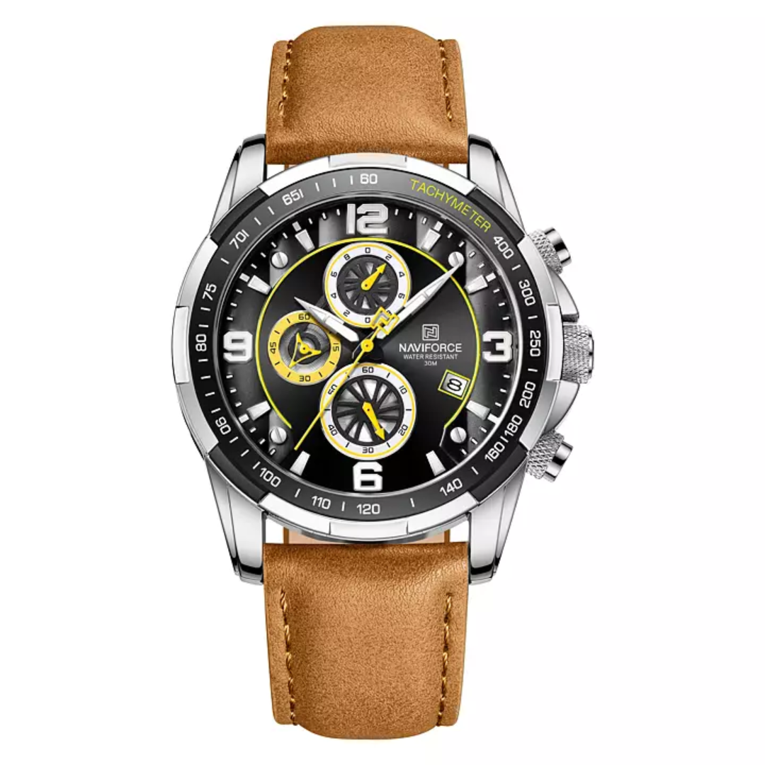 Naviforce EV009 – Sportliche Herren-Chronographenuhr mit Lederarmband und gelben Akzenten