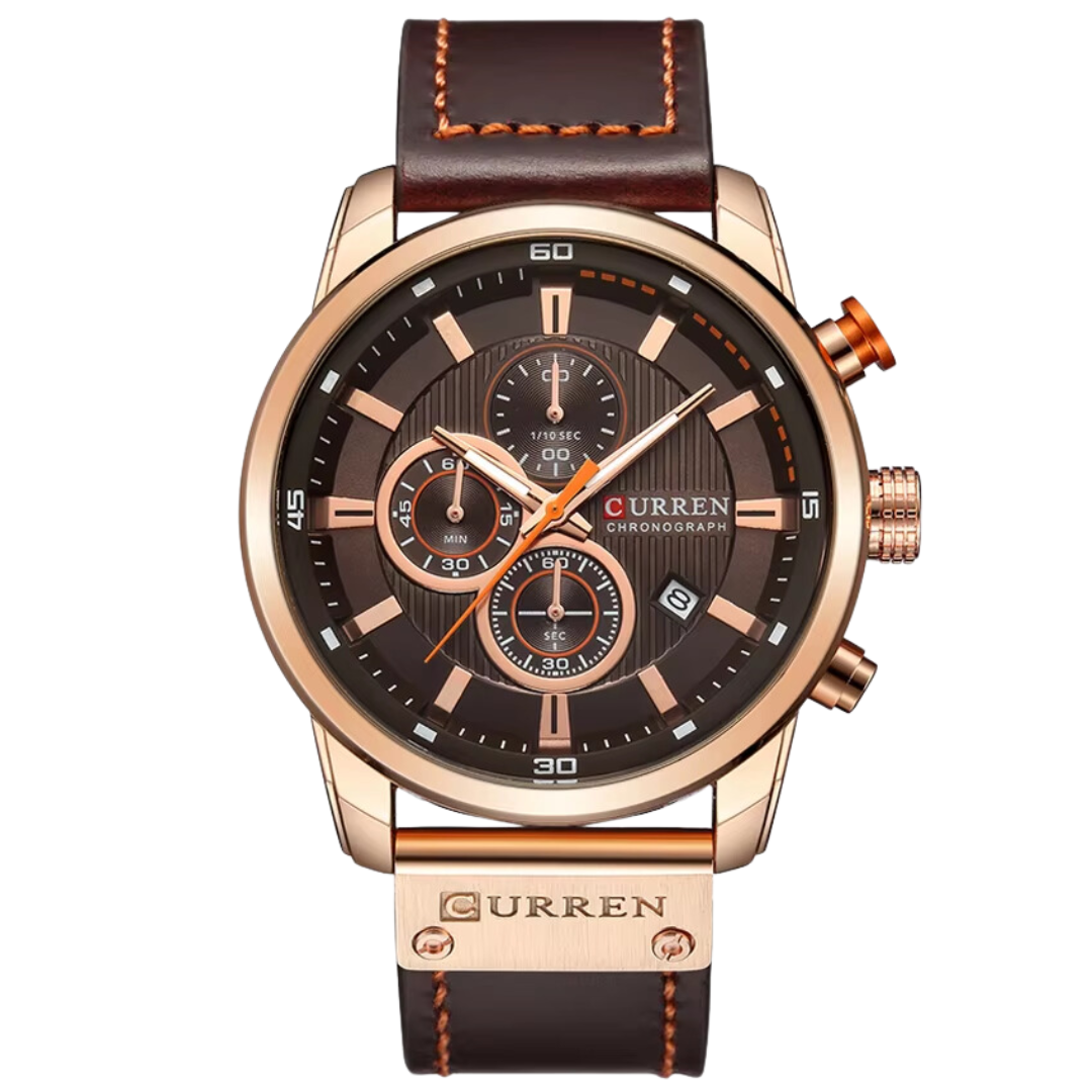 Curren ER001 – Chronographenuhr aus Roségold mit braunem Lederarmband