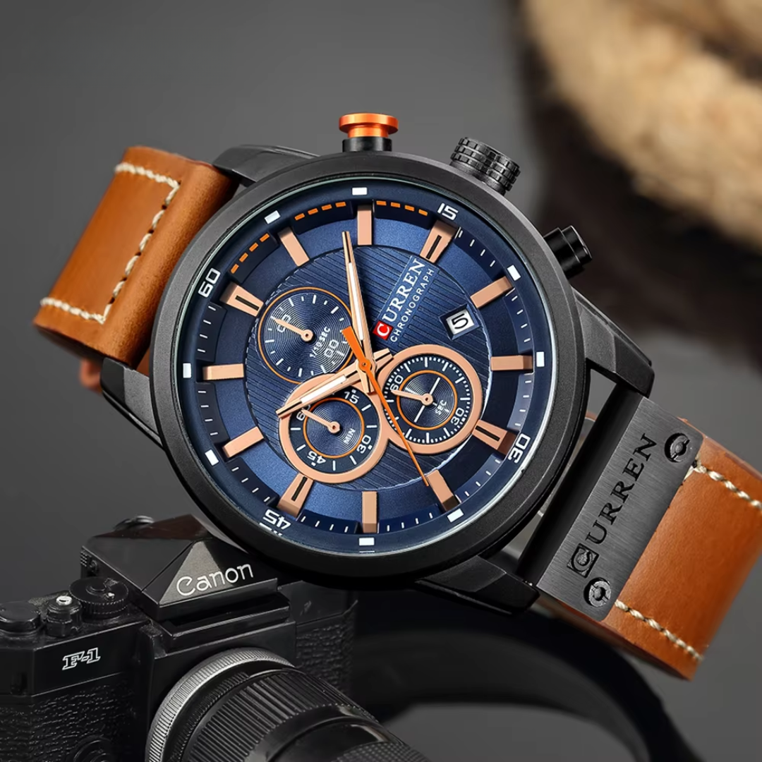 Curren ER003 – Herrenuhr Chronograph Silber mit braunem Lederarmband und blauem Zifferblatt