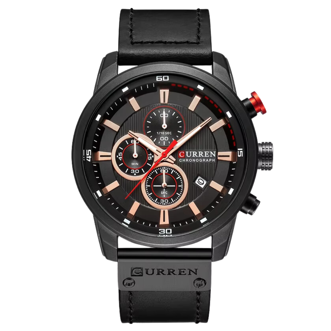 Curren ER006 – Chronographenuhr Schwarz mit schwarzem Lederarmband