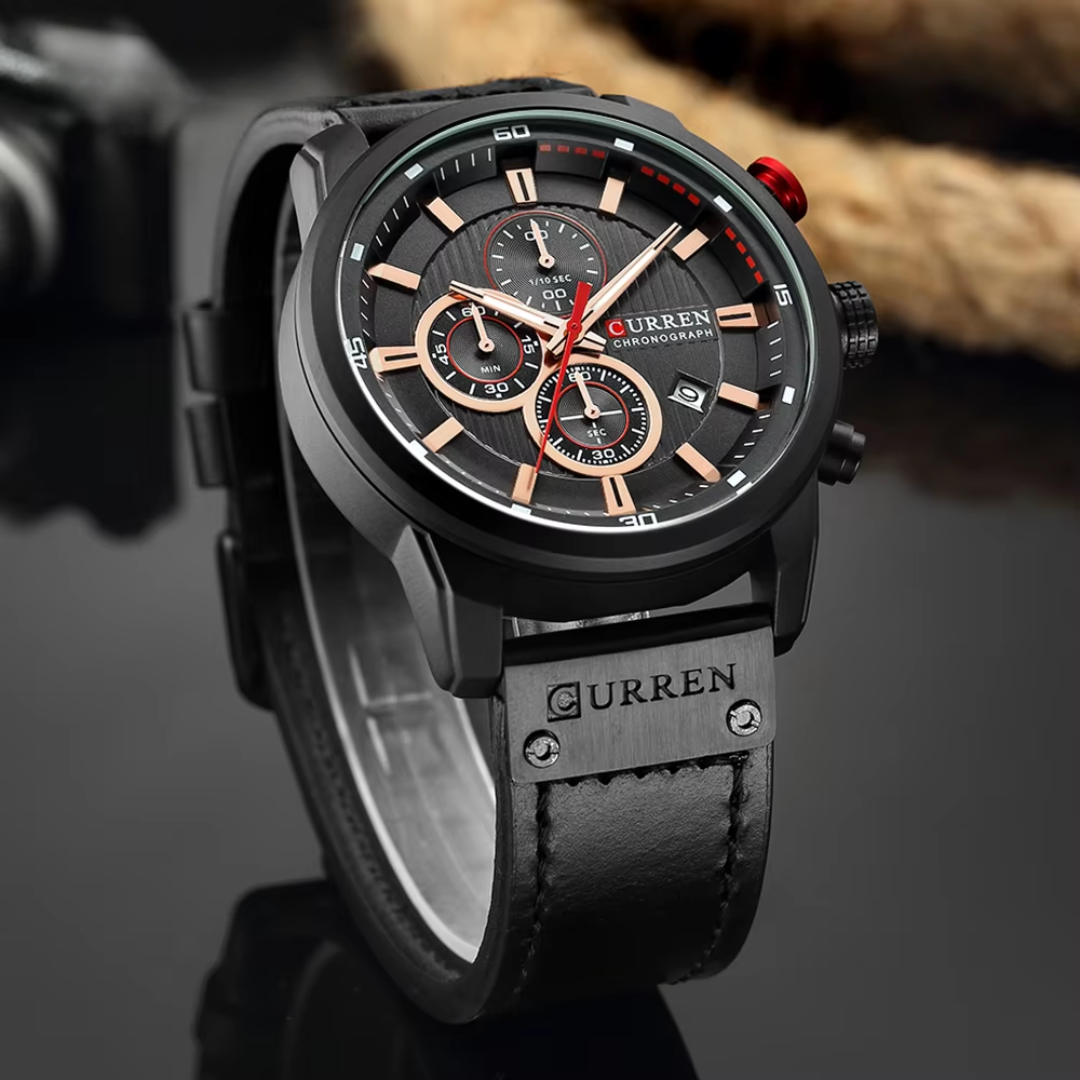 Curren ER006 – Chronographenuhr Schwarz mit schwarzem Lederarmband