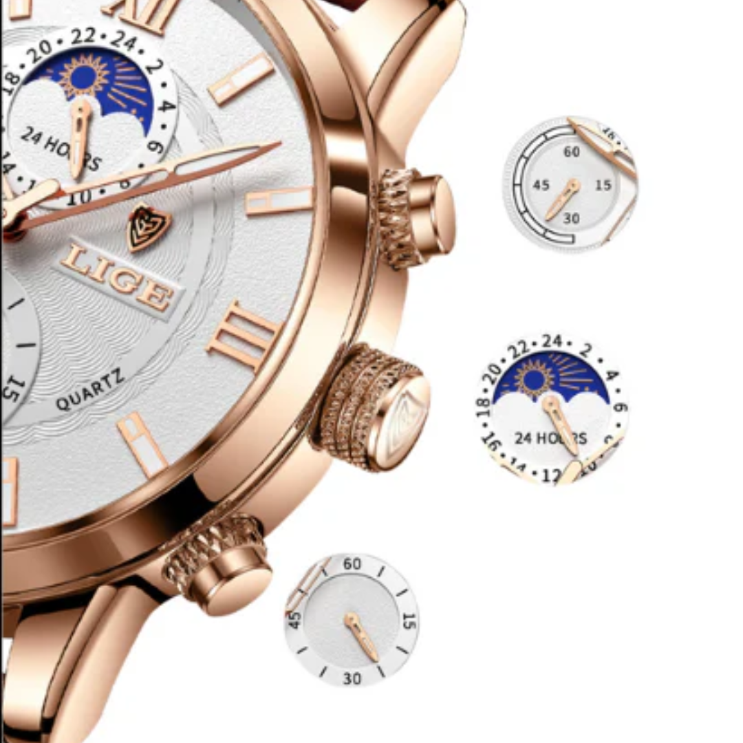 Lugano EG001 – Herrenuhr mit Mondphasen und braunem Lederarmband und Roségoldgehäuse