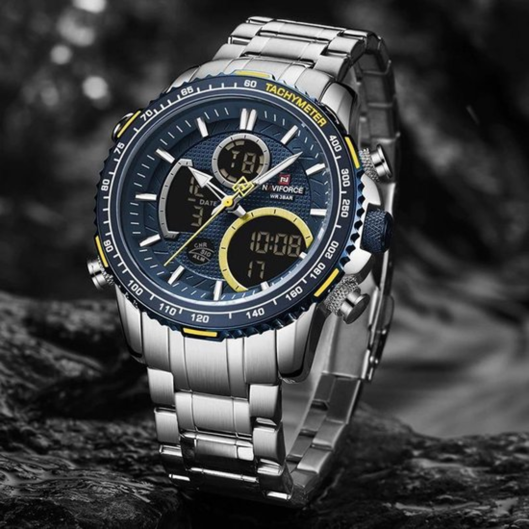 Naviforce EV024 – Blaue Herrenuhr mit Tachymeter und Digitalfunktion