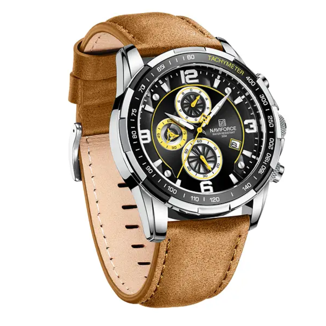 Naviforce EV009 – Sportliche Herren-Chronographenuhr mit Lederarmband und gelben Akzenten