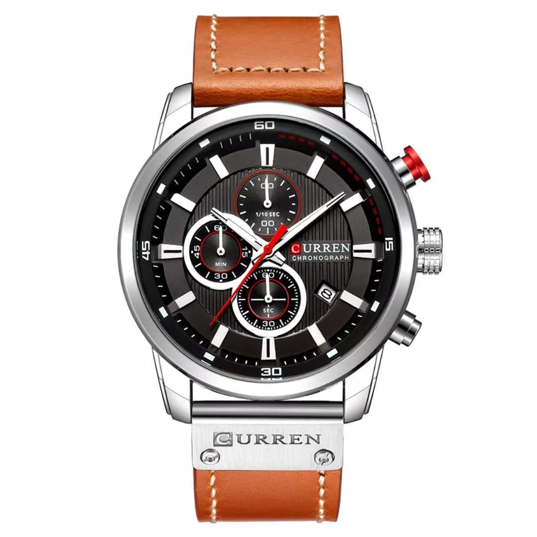 Curren ER005 – Chronographenuhr schwarz mit cognacfarbenem Lederarmband