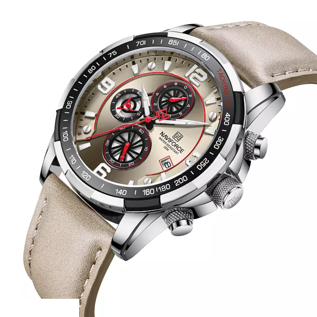 Naviforce EV010 – Elegante Herren-Chronographenuhr mit silbernem Gehäuse und roten Details