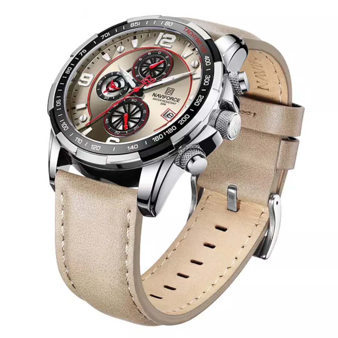 Naviforce EV010 – Elegante Herren-Chronographenuhr mit silbernem Gehäuse und roten Details