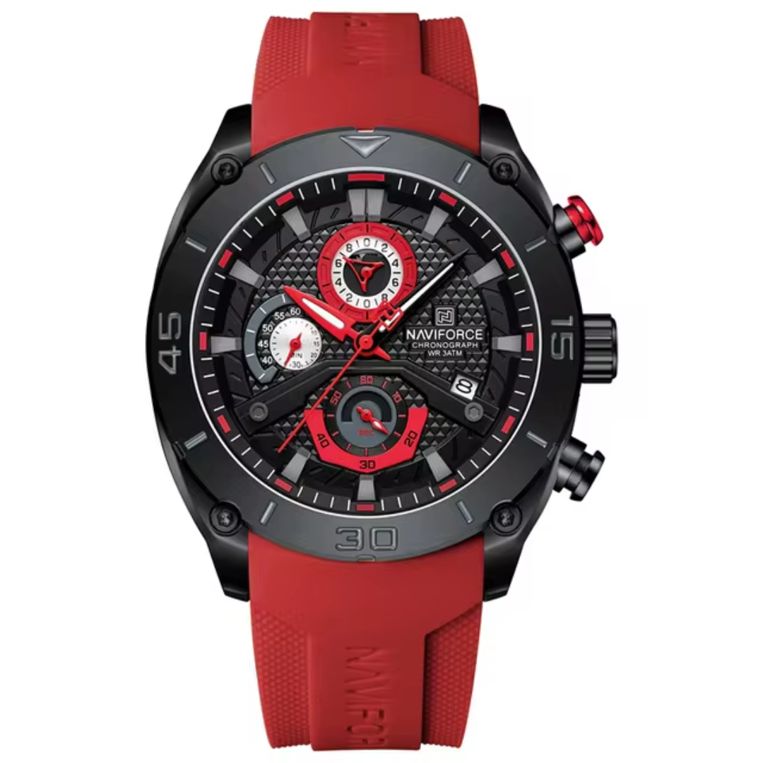 Naviforce EV005 – Stilvolle Herren-Chronographenuhr mit rotem Silikonarmband