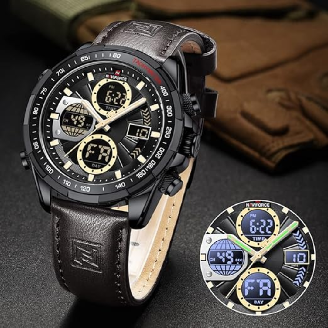 Naviforce EV032 – Luxuriöse sportliche Uhr mit Multifunktionsdisplay und Lederarmband